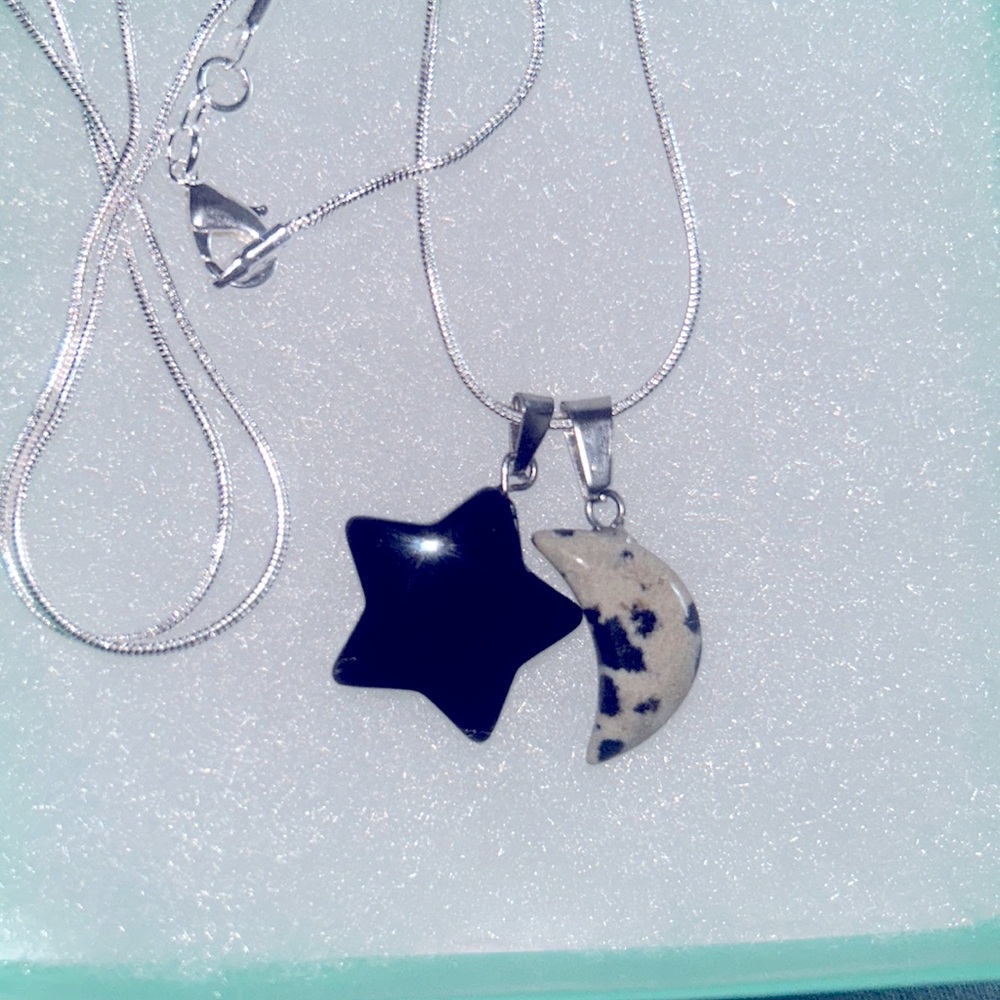 Boho hippie Dalmatian Jasper Moon 🌙 and Onyx Star Sterling Silver Neckl…